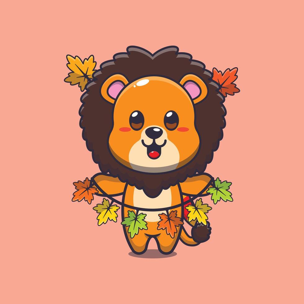 mignonne Lion avec l'automne feuille décoration. vecteur