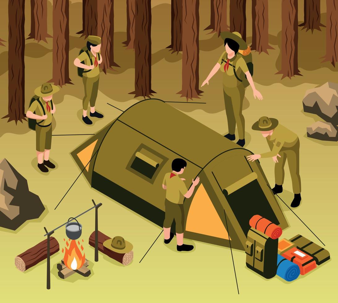 illustration isométrique du camp scout vecteur