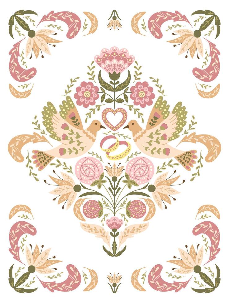 rétro mariage invitation ou bannière dans populaire style avec floral symétrie composition avec des oiseaux, anneaux et cœur dans en sourdine couleurs. botanique modèle pour mariage ou engagement carte vecteur