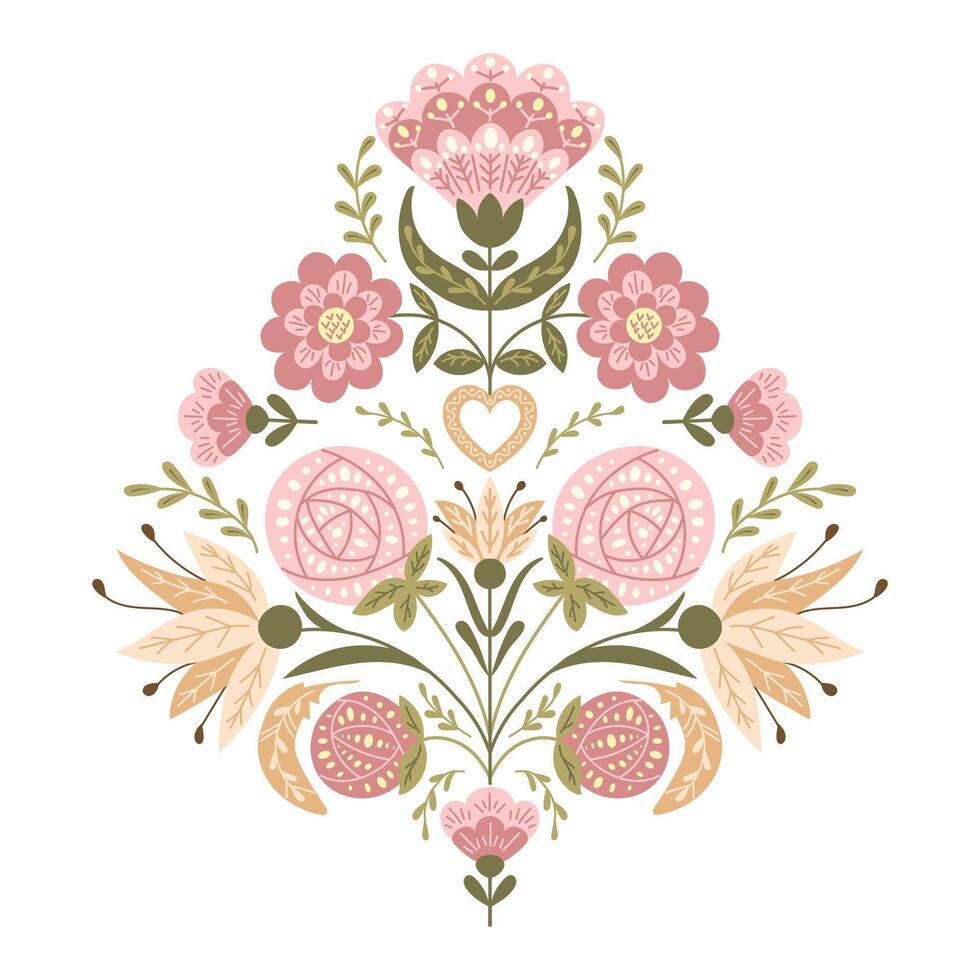 symétrique abstrait floral composition dans ancien fantaisie style. plat main tiré illustration dans boho populaire style et en sourdine couleurs isolé sur blanc Contexte vecteur