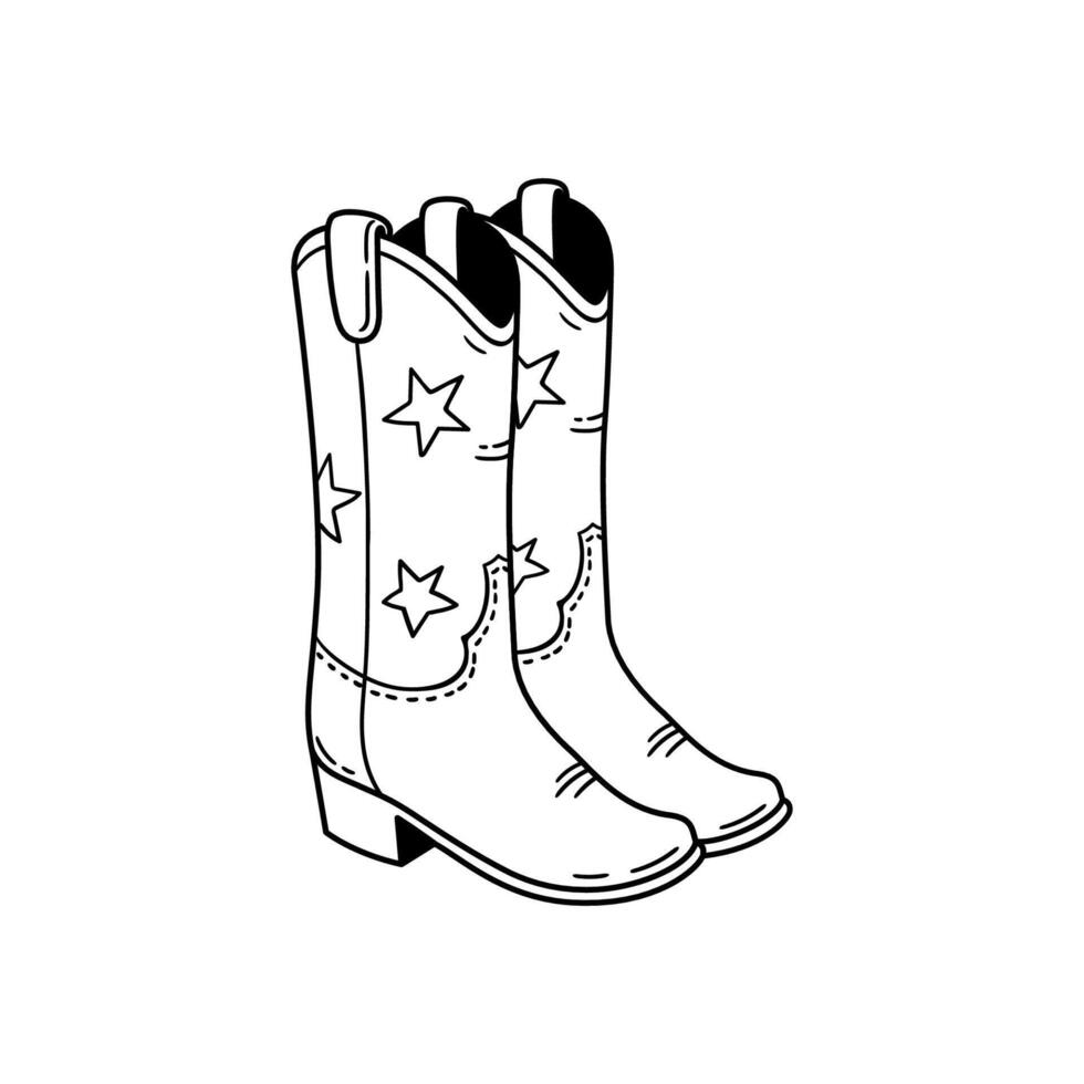 cow-girl bottes avec étoiles impression dans ligne style. cow-boy occidental et sauvage Ouest thème. main tiré illustration. vecteur