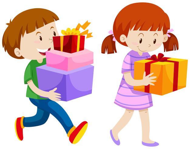 Garçon et fille avec des boîtes à cadeaux vecteur