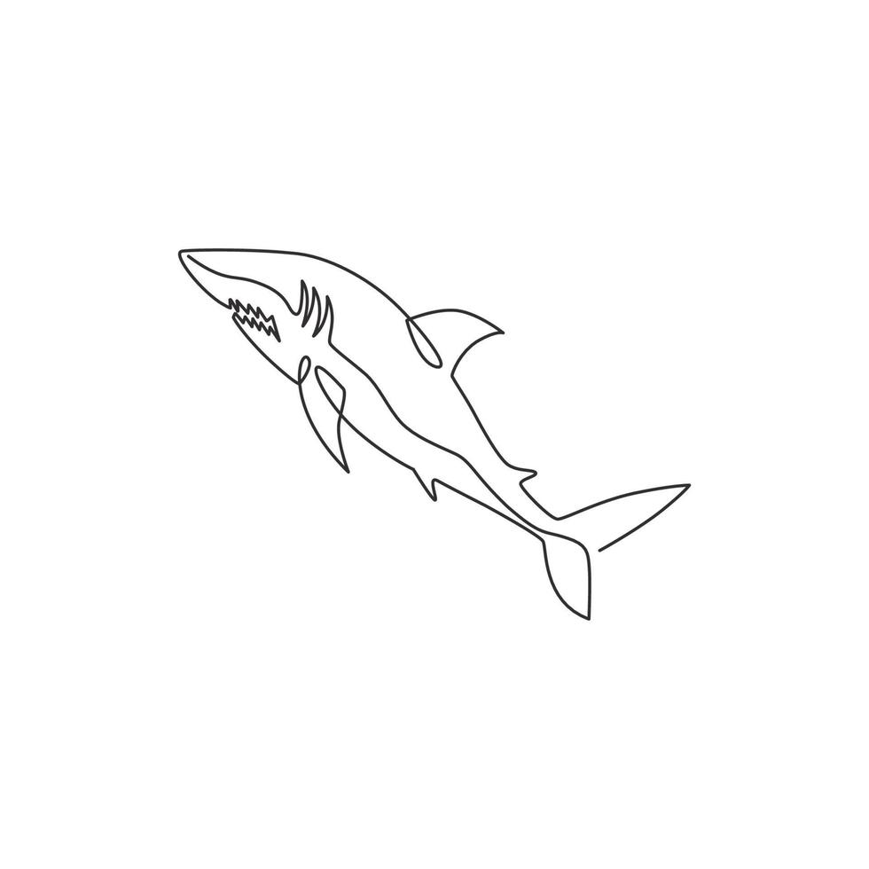 un dessin au trait continu du prédateur de poisson de mer de requin pour l'identité du logo de l'aquarium de la vie sous-marine. concept d'animal marin sauvage pour la mascotte de la fondation des amoureux de la nature. illustration de conception de dessin à une seule ligne vecteur