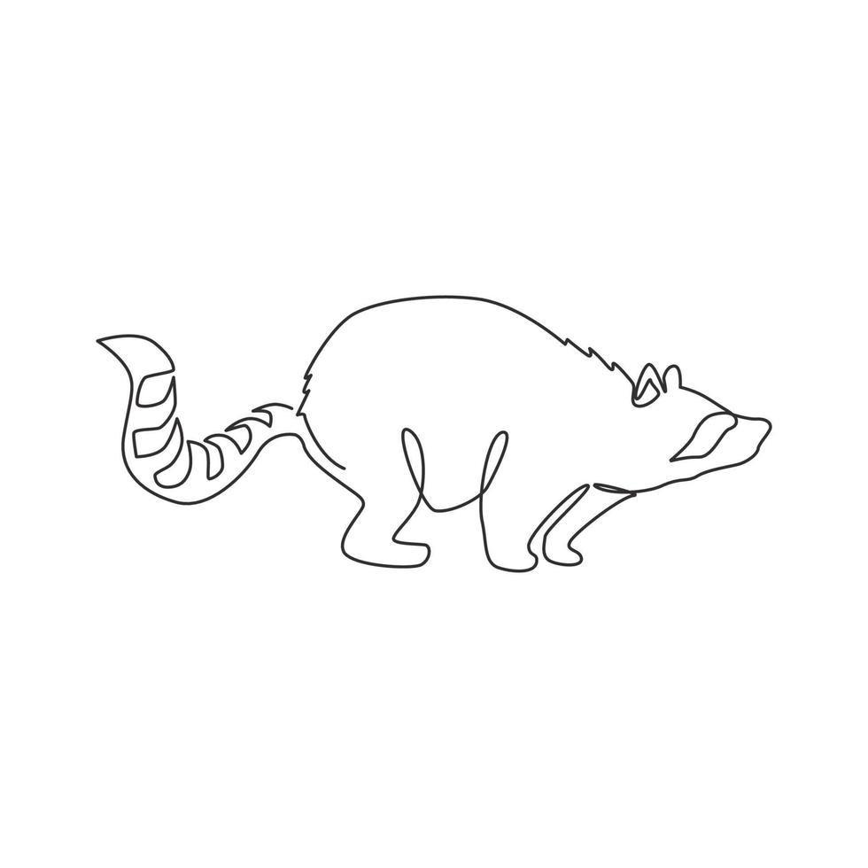 un seul dessin d'un joli raton laveur drôle pour l'identité du logo. concept mignon de mascotte animale de raton laveur pour l'icône de club d'amant d'animal familier. ligne continue moderne dessiner illustration vectorielle graphique vecteur