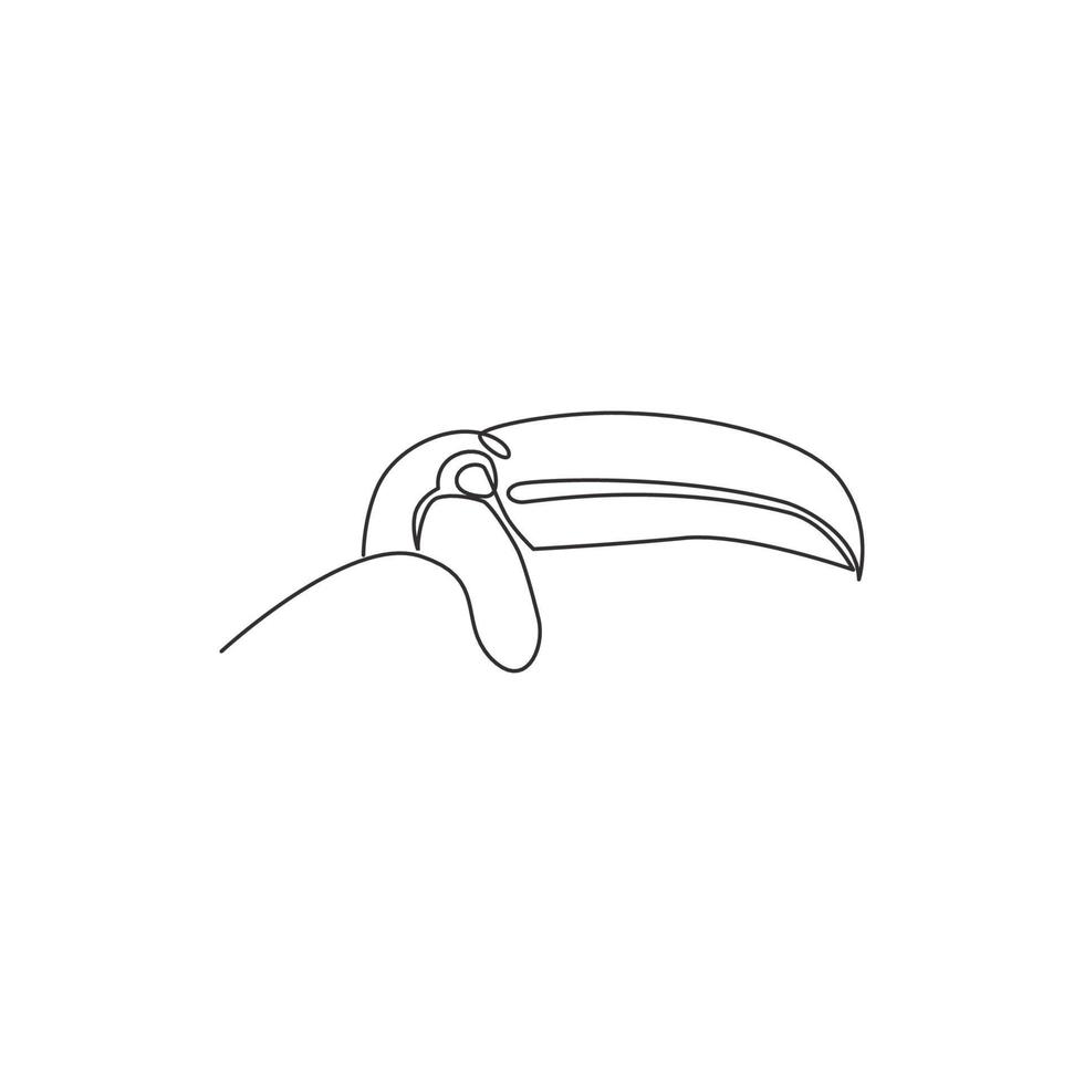 dessin au trait continu unique d'une adorable tête d'oiseau toucan avec un gros bec pour l'identité du logo. concept de mascotte animale en voie de disparition pour l'icône du zoo national. Une ligne graphique dessiner illustration vectorielle de conception vecteur