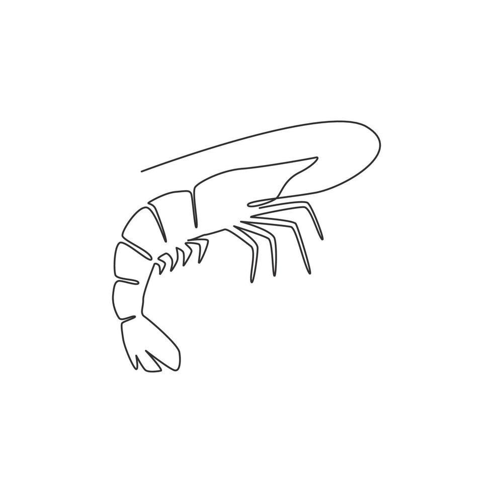 dessin au trait continu unique de grosses crevettes pour une identité de logo de fruits de mer sains. concept de mascotte de crevettes pour l'icône de culture agricole. Une ligne dessiner illustration graphique vectorielle de conception vecteur