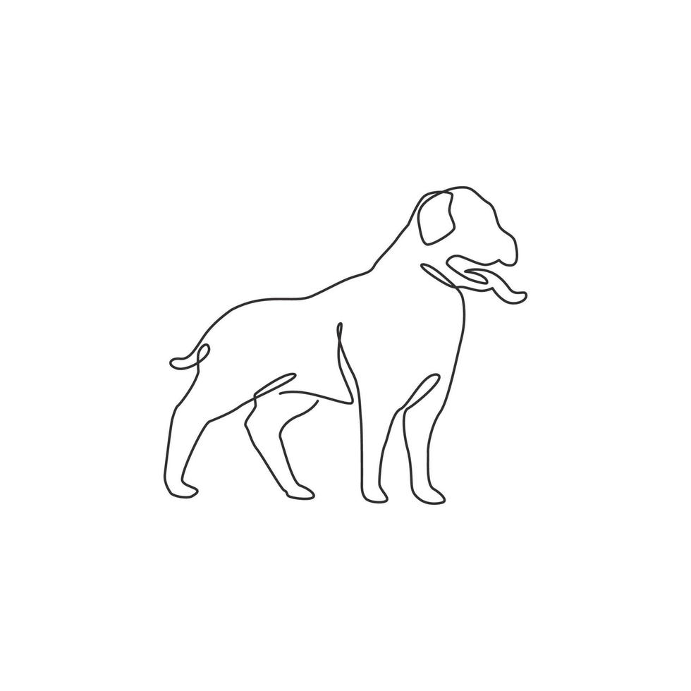 dessin d'une seule ligne d'un chien rottweiler fringant pour l'identité de complogo de sécurité. concept de mascotte de chien de race pure pour l'icône d'animal familier amical de pedigree. illustration vectorielle continue moderne de dessin d'une ligne vecteur