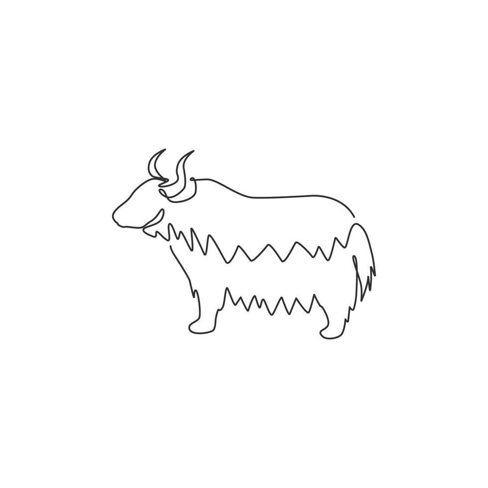 un dessin au trait continu d'un yak fringant pour l'identité du logo de l'entreprise. concept de mascotte de mammifère de boeuf pour l'icône de bétail. Illustration vectorielle de conception graphique moderne à une seule ligne vecteur