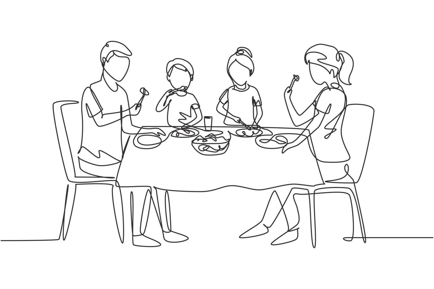 continu d'une ligne dessinant les parents et les enfants ensemble. famille en train de manger autour de la table de la cuisine. papa, maman et enfants heureux assis en train de manger. illustration graphique de vecteur de conception de dessin à une seule ligne