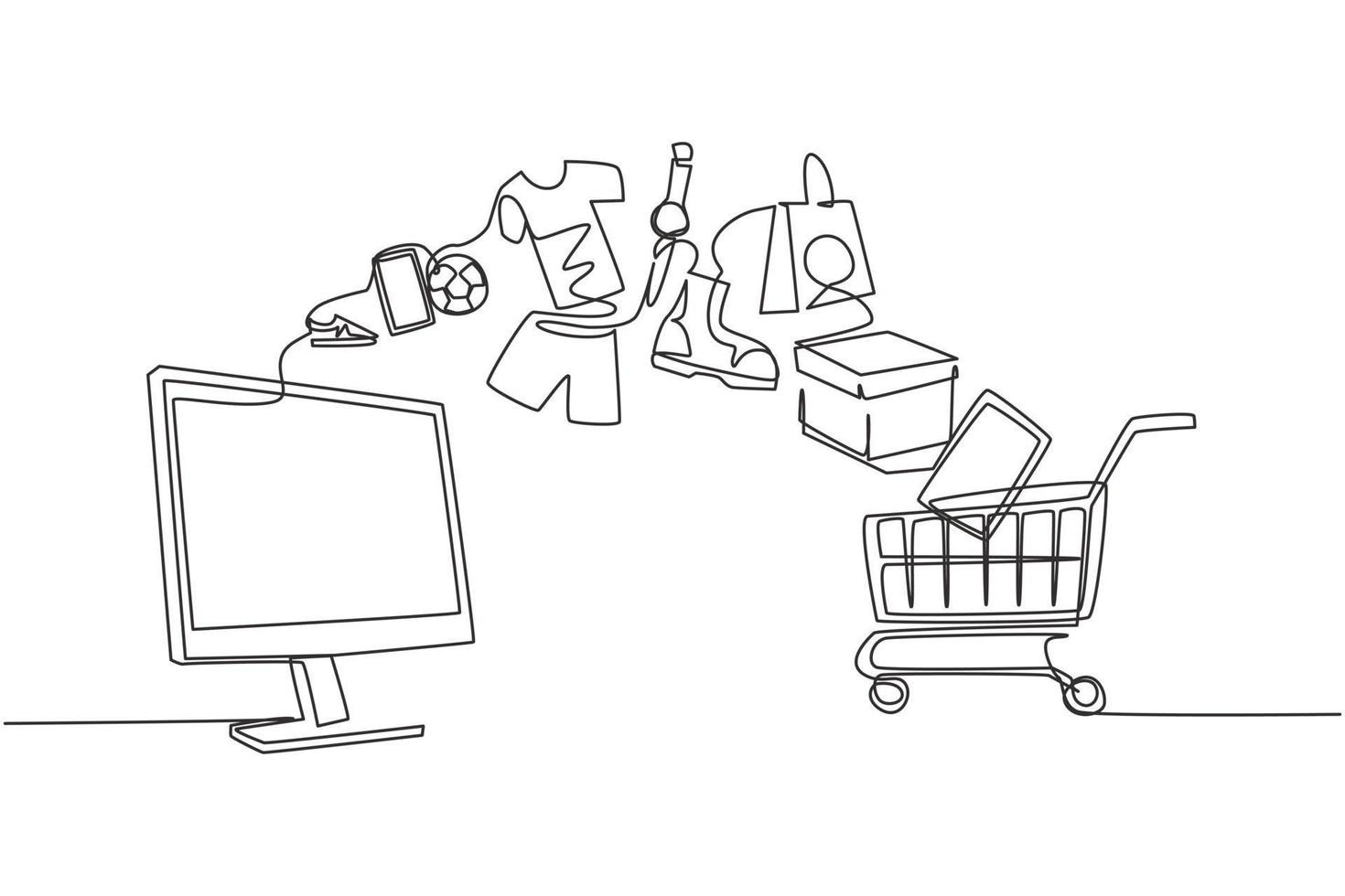 écran de moniteur de dessin d'une seule ligne et panier d'achat avec des produits achetés en ligne. commerce électronique et marketing numérique. commander au panier. ligne continue moderne dessiner illustration vectorielle graphique vecteur