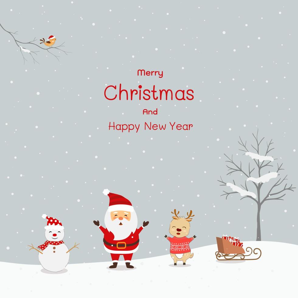 joyeux noël et bonne année carte de voeux avec le père noël et amis heureux en hiver vecteur