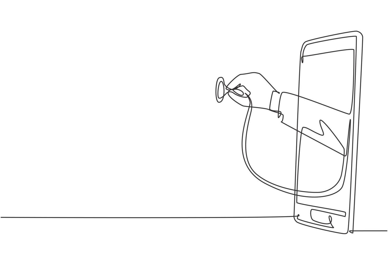 une seule ligne dessinant la main du médecin sur l'écran du smartphone tenant un stéthoscope. analyse de concept de diagnostic médical, recherche. ligne continue moderne dessiner illustration vectorielle graphique vecteur