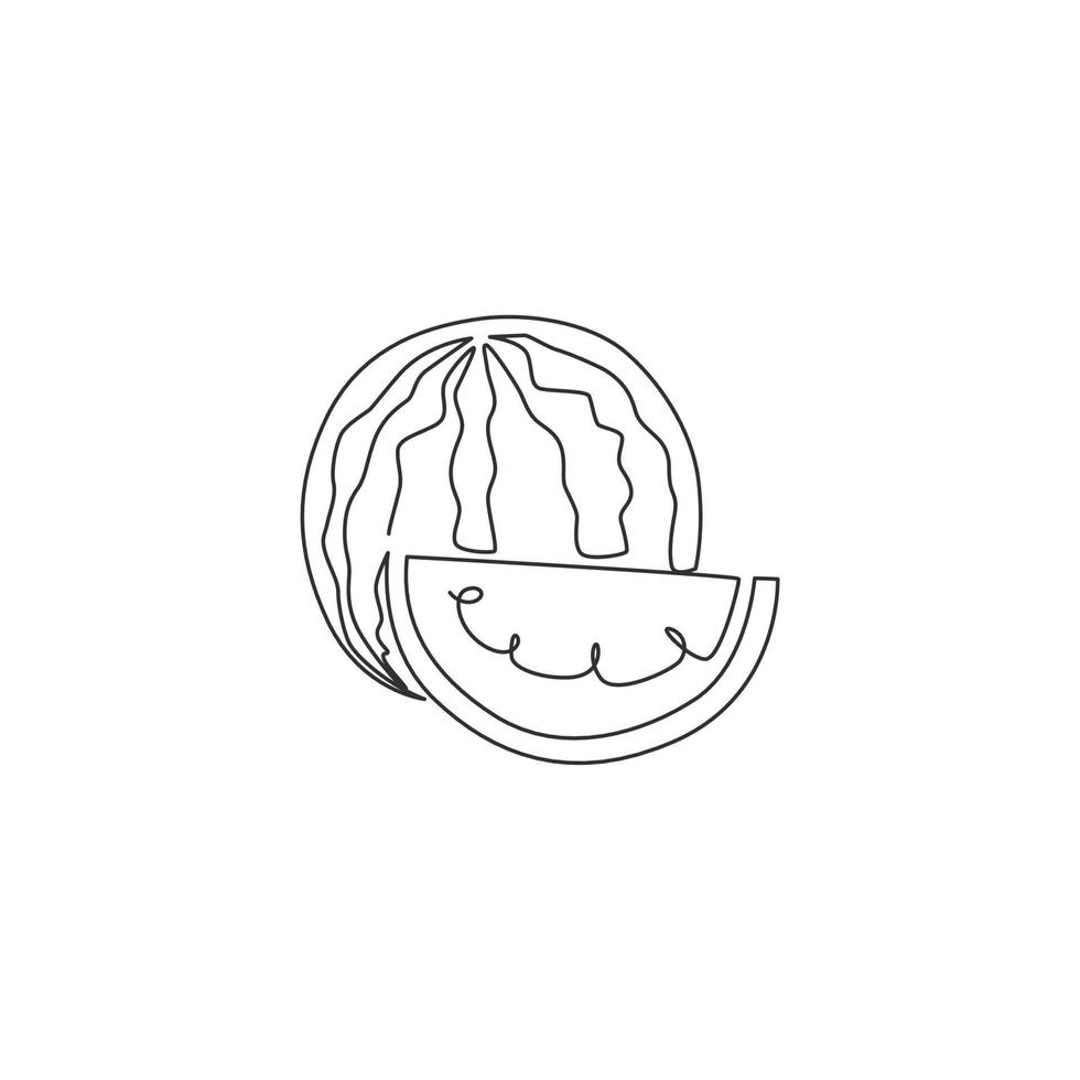 dessin d'une seule ligne de pastèque biologique saine en tranches et entières pour l'identité du logo du verger. concept de fruits frais pour l'icône de jardin fruitier. ligne continue moderne dessiner illustration vectorielle de conception vecteur