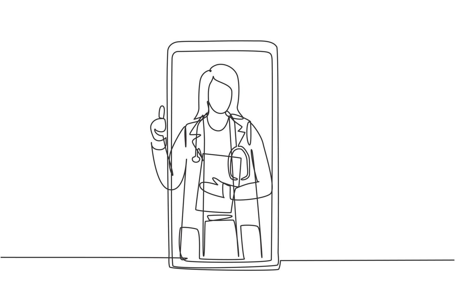 Une femme médecin de dessin continu en ligne sort de l'écran du smartphone tout en faisant un geste du pouce vers le haut. concept de médecin de consultation en ligne. illustration graphique de vecteur de conception de dessin à une seule ligne