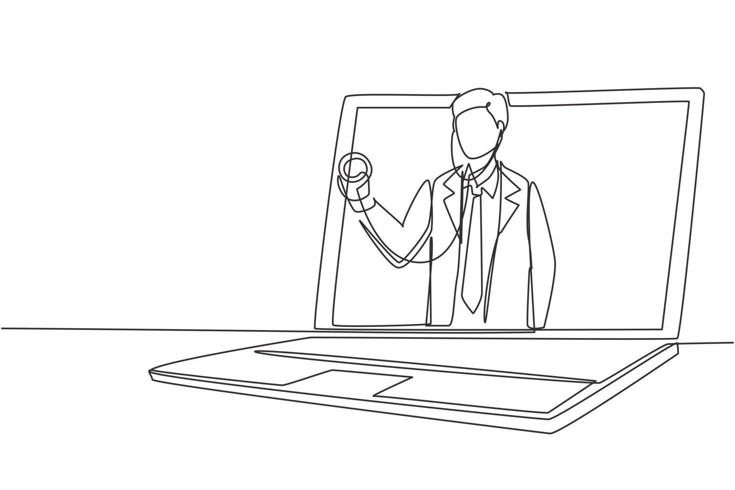 Un seul homme médecin de dessin au trait continu sort de l'écran d'un ordinateur portable tenant un stéthoscope. services médicaux en ligne, consultation médicale. Une ligne dynamique dessiner illustration vectorielle de conception graphique vecteur