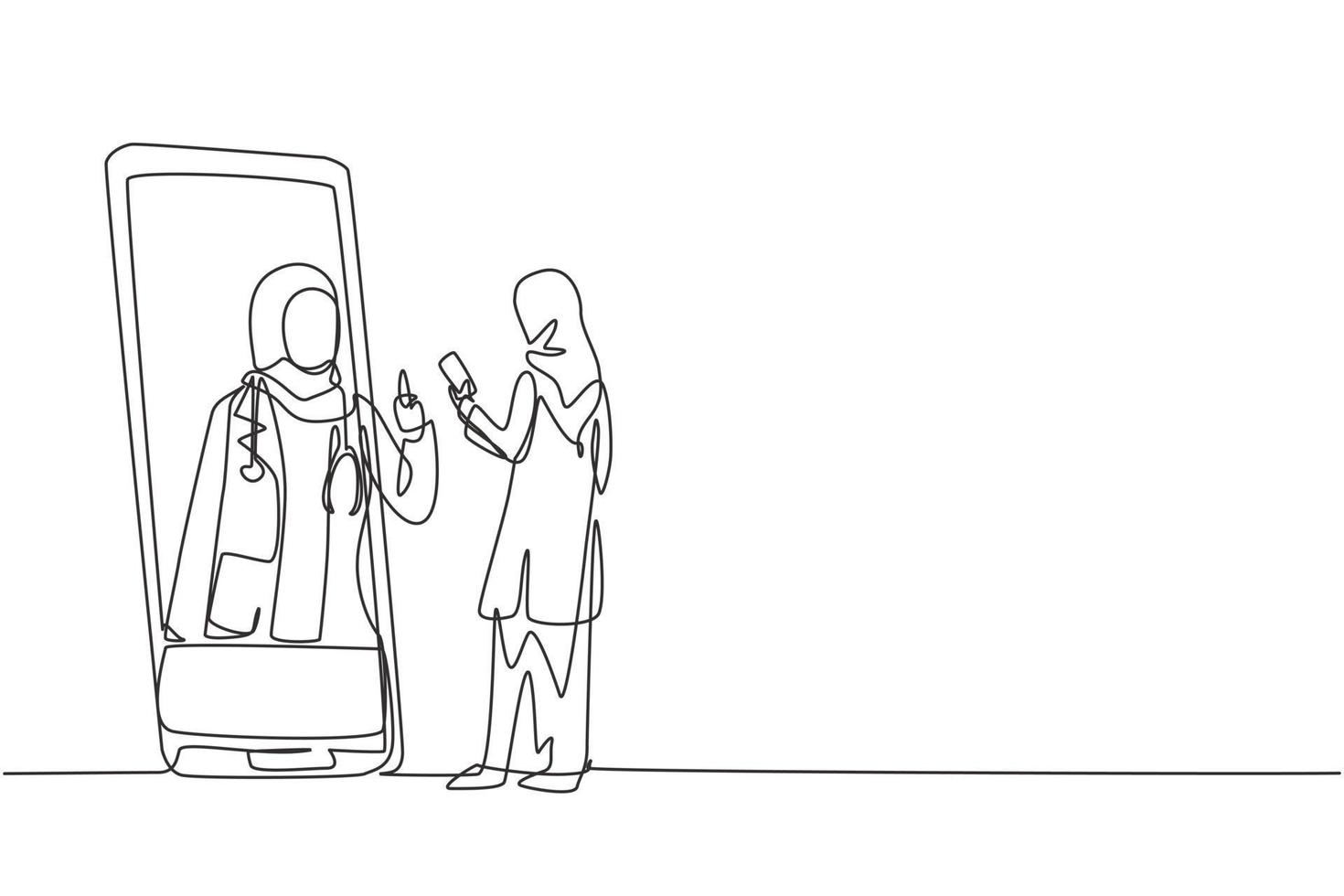 continu une ligne de dessin patiente hijab tenant un smartphone debout face à un smartphone géant et consultant une femme médecin. médecin en ligne. illustration graphique de vecteur de conception de dessin à une seule ligne