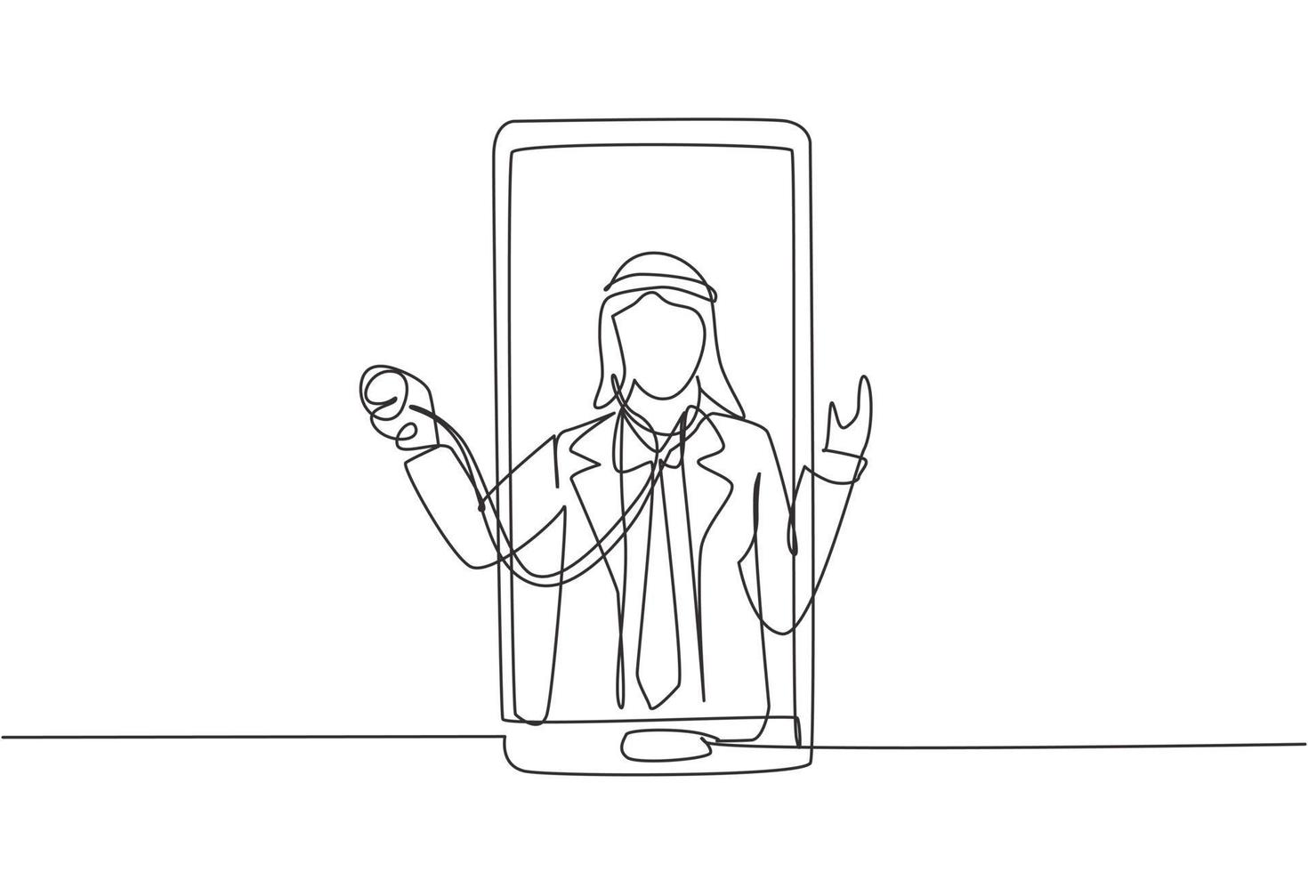 Un seul dessin au trait continu médecin arabe sort de l'écran du smartphone tenant un stéthoscope. services médicaux en ligne, consultation médicale. une ligne dessiner illustration vectorielle de conception graphique vecteur