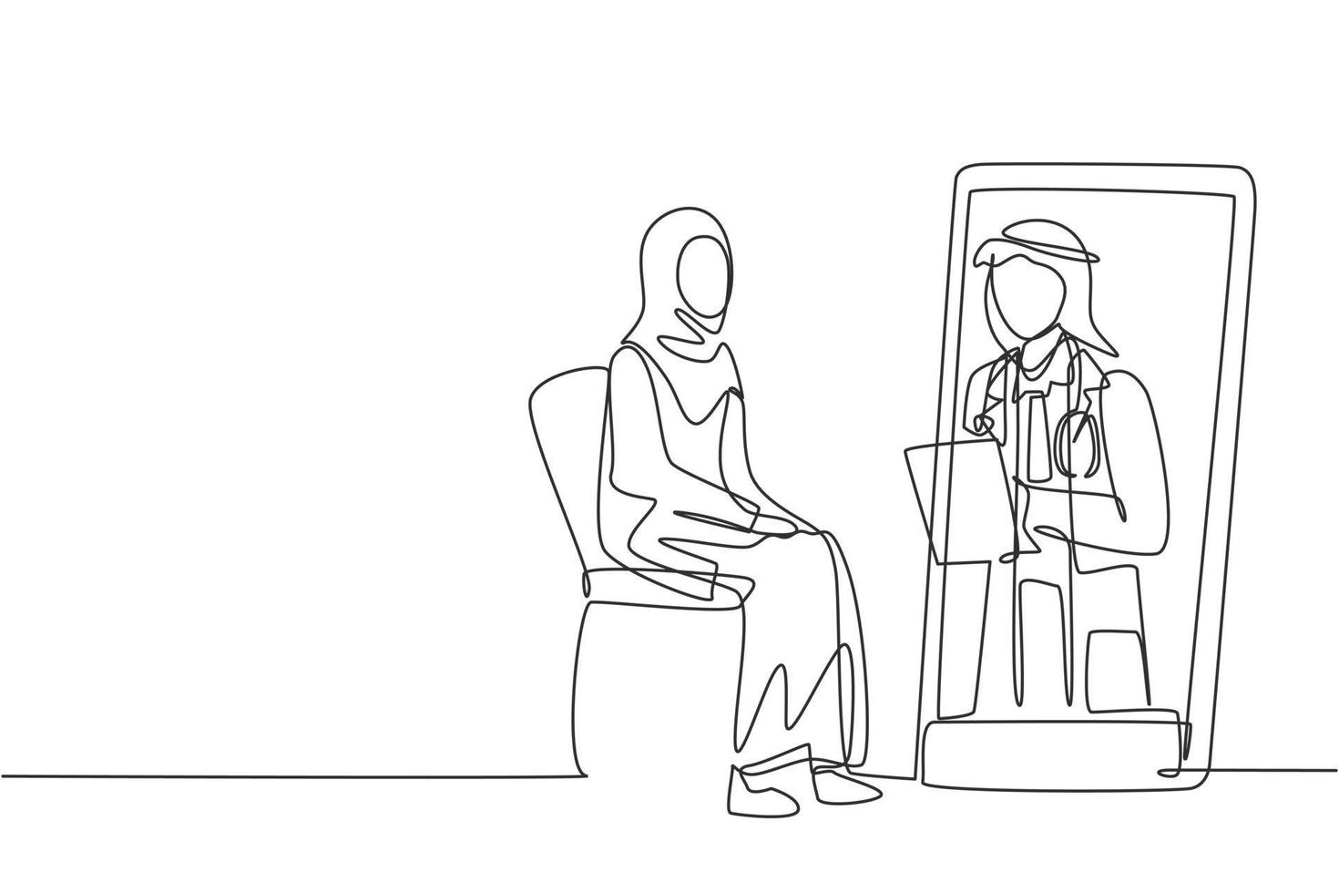 un seul dessin au trait médecin de sexe masculin arabe tenant un presse-papiers vérifiant l'état d'une patiente assise sur une chaise. consultation en ligne. ligne continue moderne dessiner illustration vectorielle graphique vecteur