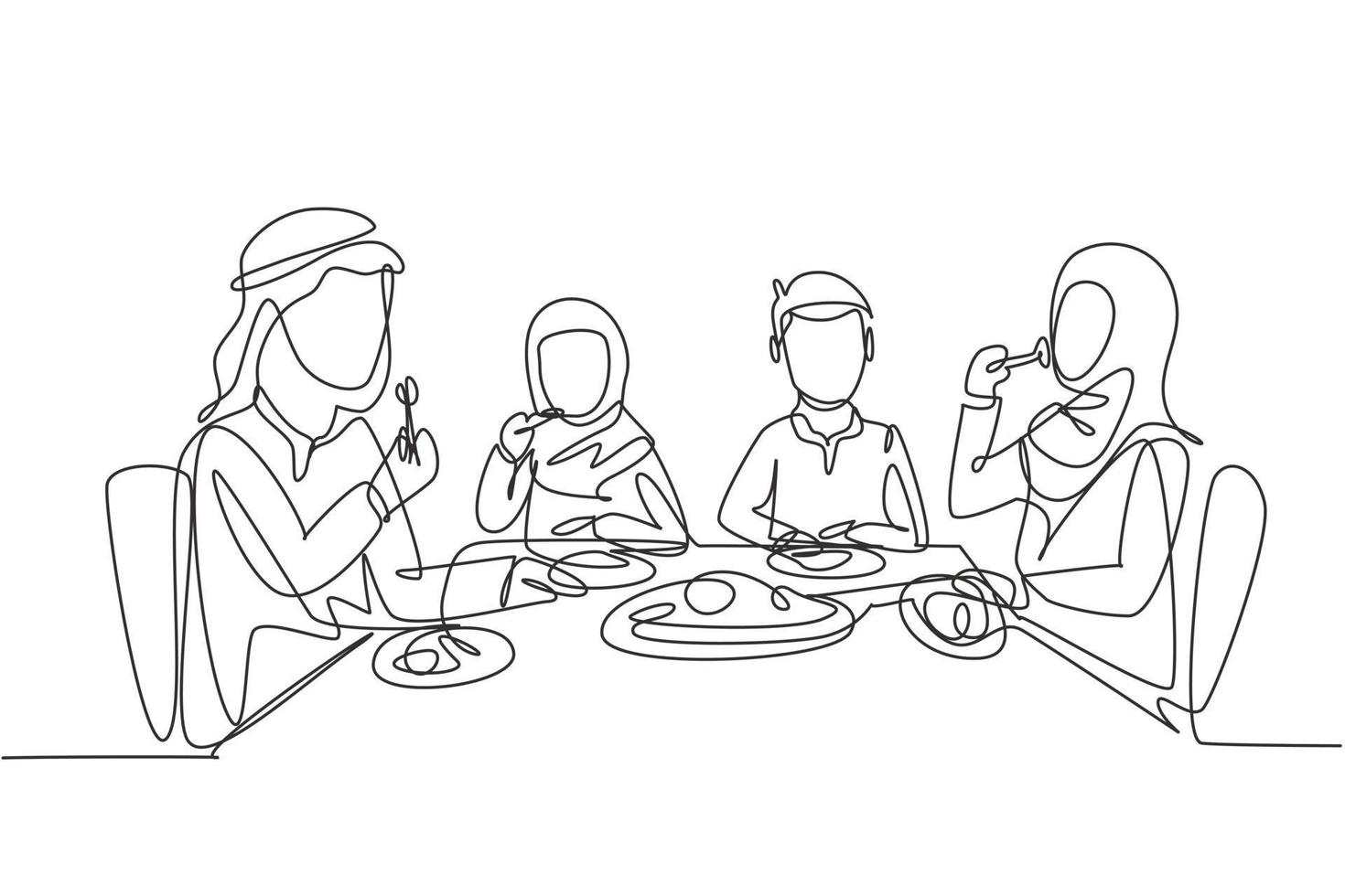 une seule ligne dessinant des parents et des enfants arabes ensemble. famille en train de manger autour de la table de la cuisine. papa, maman et enfants heureux qui mangent. ligne continue dessiner illustration vectorielle graphique de conception vecteur