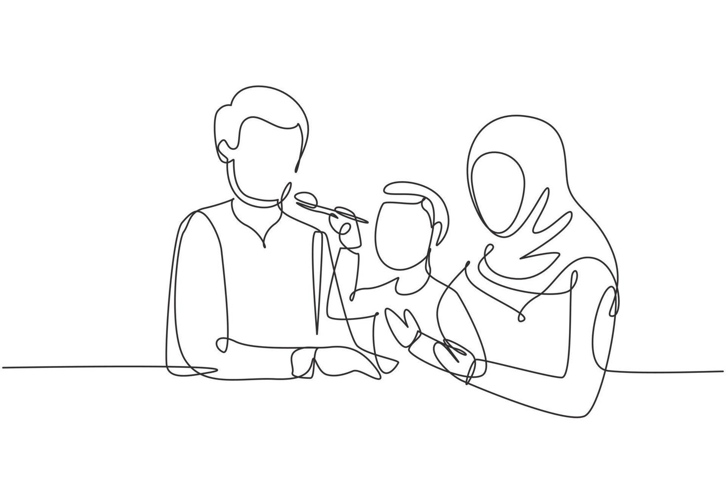 une seule ligne dessinant une famille arabe s'amusant ensemble dans un restaurant moderne. garçon nourrit son père avec amour. heureux petit concept de famille. ligne continue dessiner illustration vectorielle graphique de conception vecteur