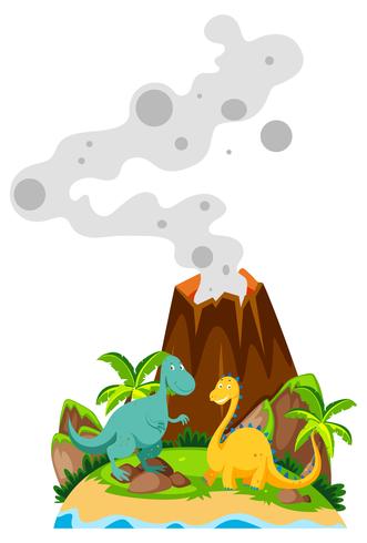 Deux dinosaures à la base du volcan vecteur