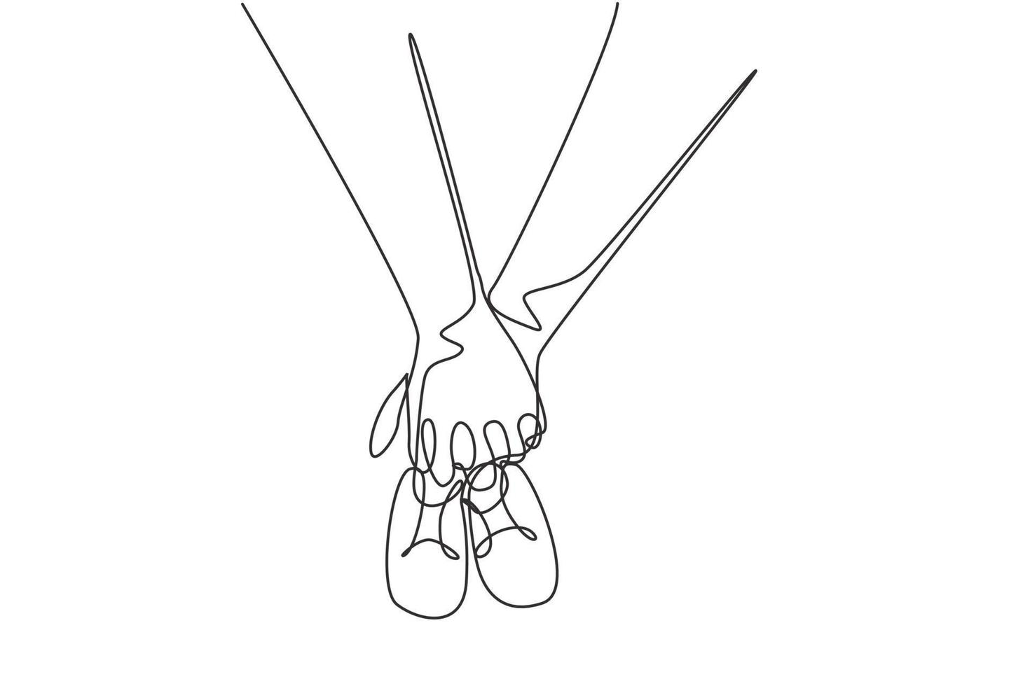 dessin continu d'une ligne les futurs parents se tenant la main et une paire de petites chaussures. enfance avec grand papa. garçon a des liens avec son père. illustration graphique de vecteur de conception de dessin à une seule ligne