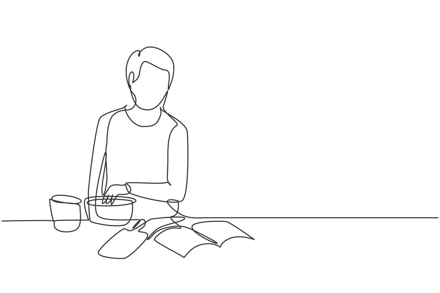 dessin d'une seule ligne continue beau repas de cuisine masculin tout en lisant un livre de tutoriel sur une table de cuisine confortable à la maison. mode de vie alimentaire sain. Une ligne dynamique dessiner illustration vectorielle de conception graphique vecteur