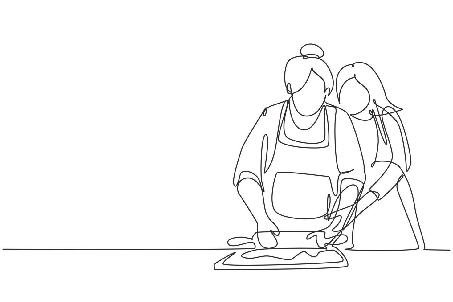 dessin au trait continu unique famille heureuse grand-mère belle-mère et belle-fille fille cuisiner dans la cuisine, pétrir la pâte et cuire des biscuits. illustration vectorielle de conception graphique dynamique d'une ligne vecteur