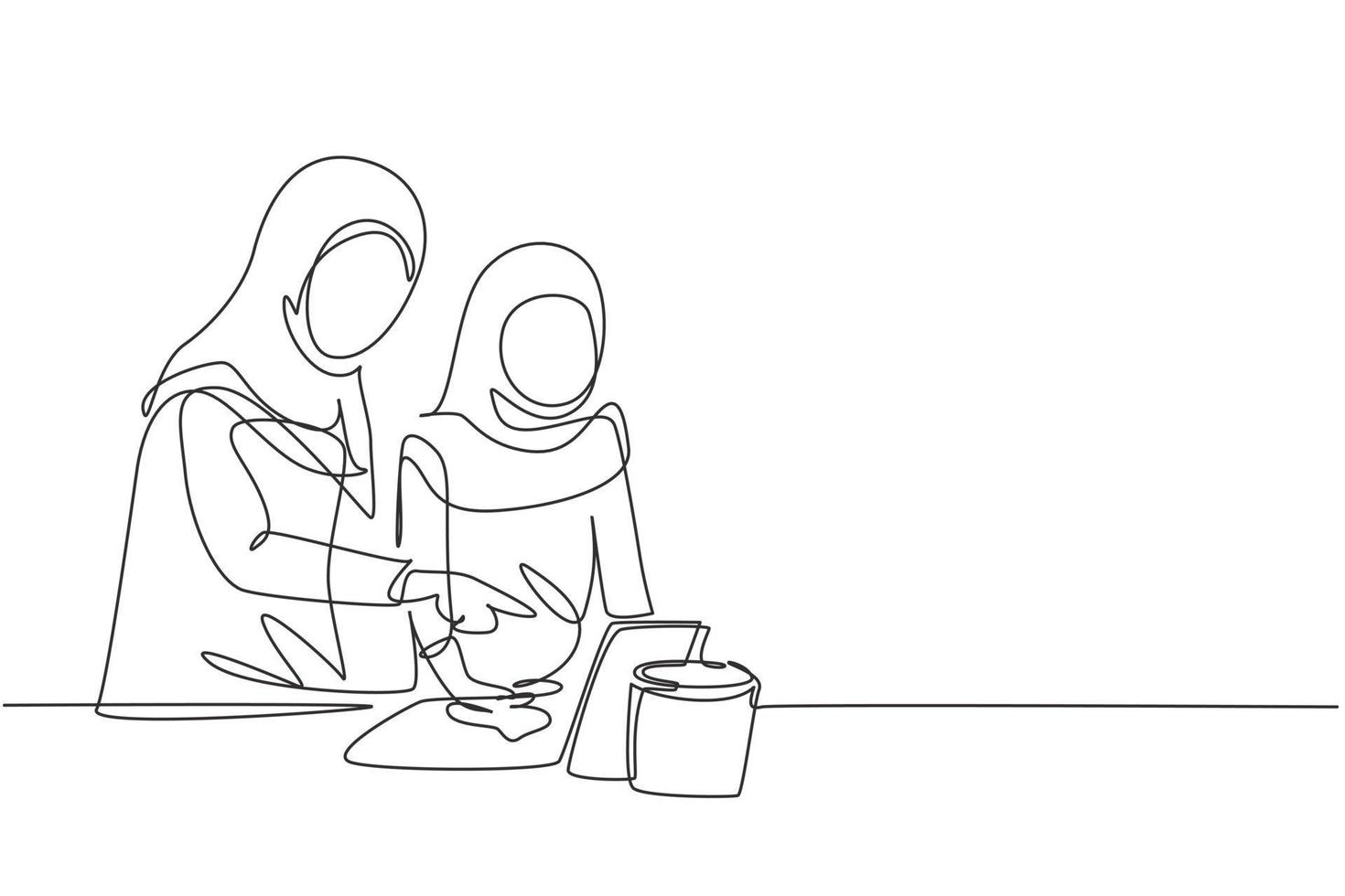 Une seule ligne continue de dessin d'une mère et d'une fille arabes cuisinant ensemble tout en regardant un didacticiel à partir d'une tablette. apprendre à cuisiner avec la technologie. Une ligne dynamique dessiner illustration vectorielle de conception graphique vecteur