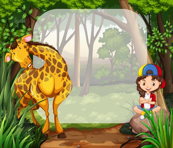 Petite fille et girafe dans les bois vecteur