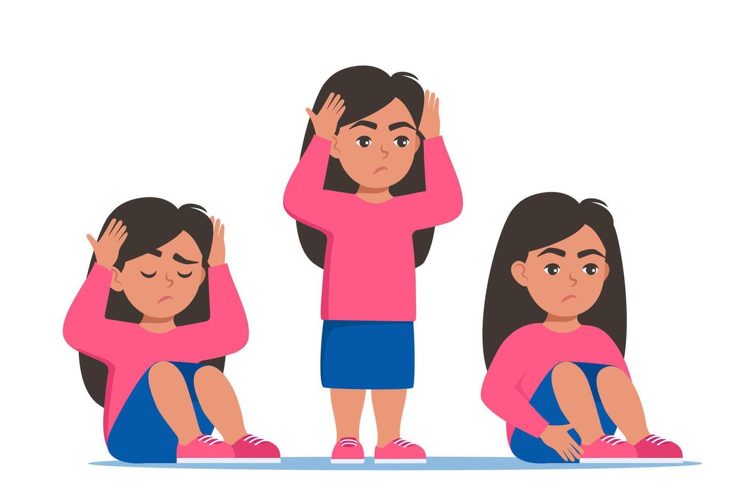 triste fille des stands et est assis dans différent pose. autisme, enfant stress, mental désordre, anxiété, dépression, stress, mal de tête. vecteur