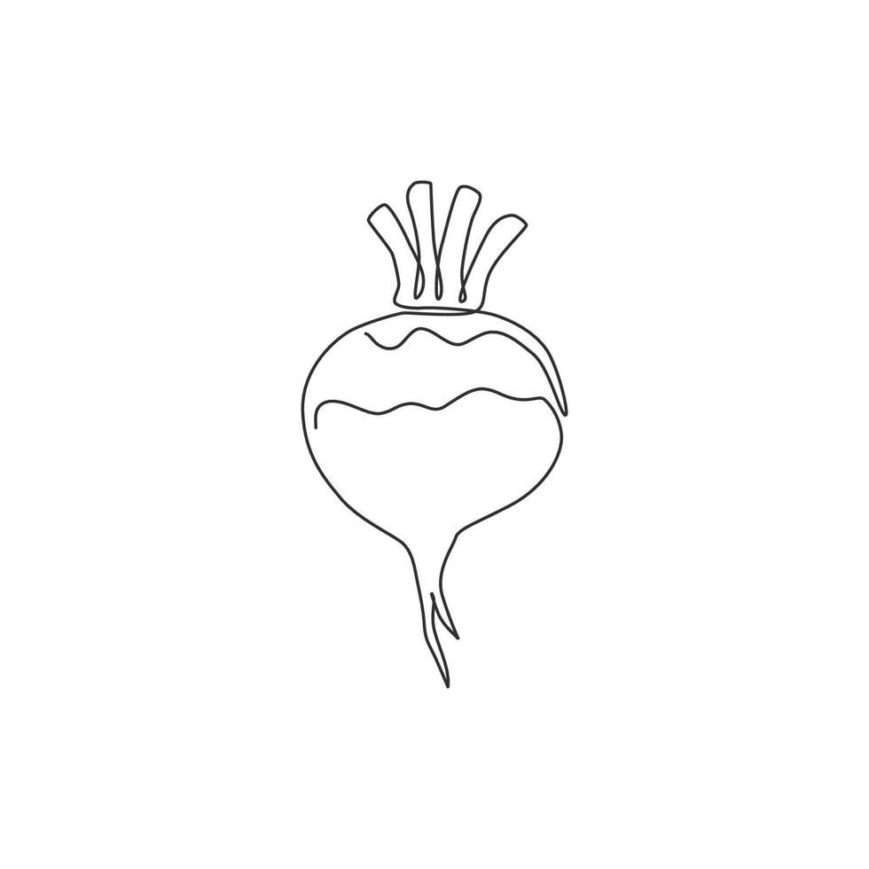 dessin au trait continu unique d'un navet blanc organique sain entier pour l'identité du logo de la plantation. concept de légumes frais pour l'icône de légume-racine. Une ligne moderne dessiner illustration graphique vectorielle de conception vecteur