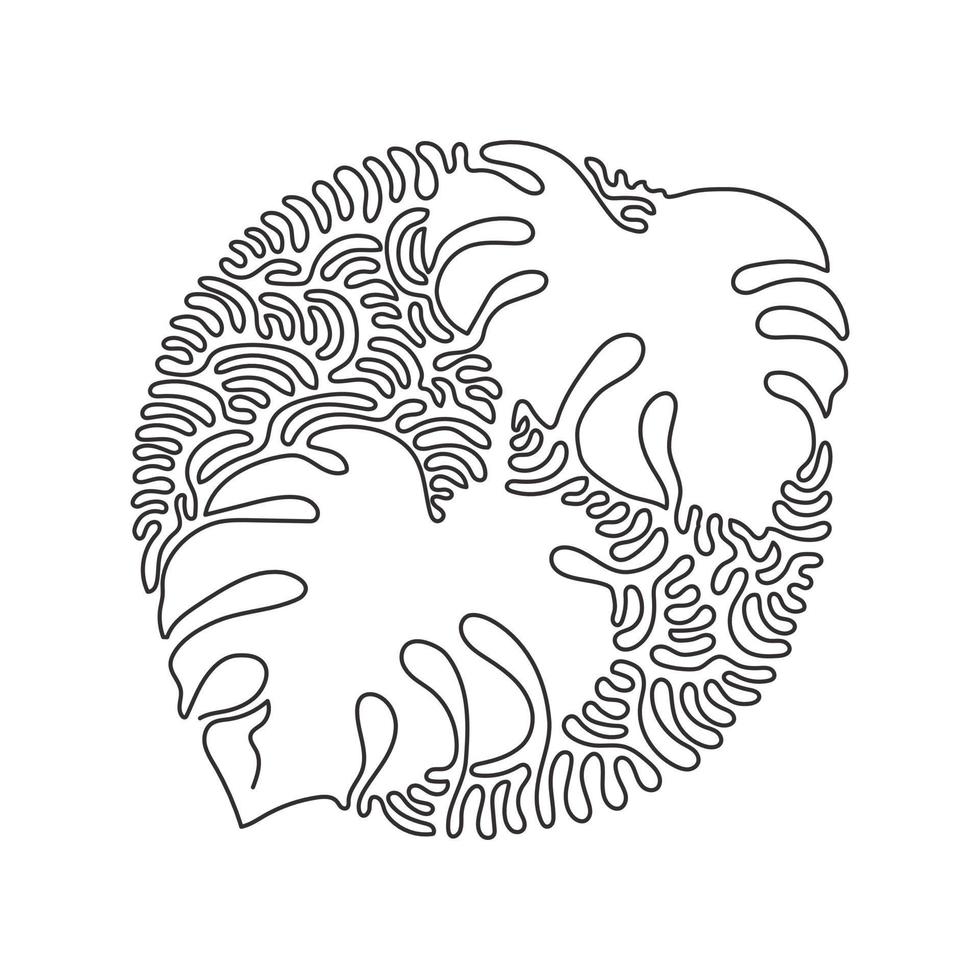 feuille de monstera dessin au trait continu unique. feuilles tropicales style minimaliste, concept de motif floral pour affiche, impression de décoration murale. style de fond de cercle de boucle de tourbillon. vecteur de conception de dessin à une ligne