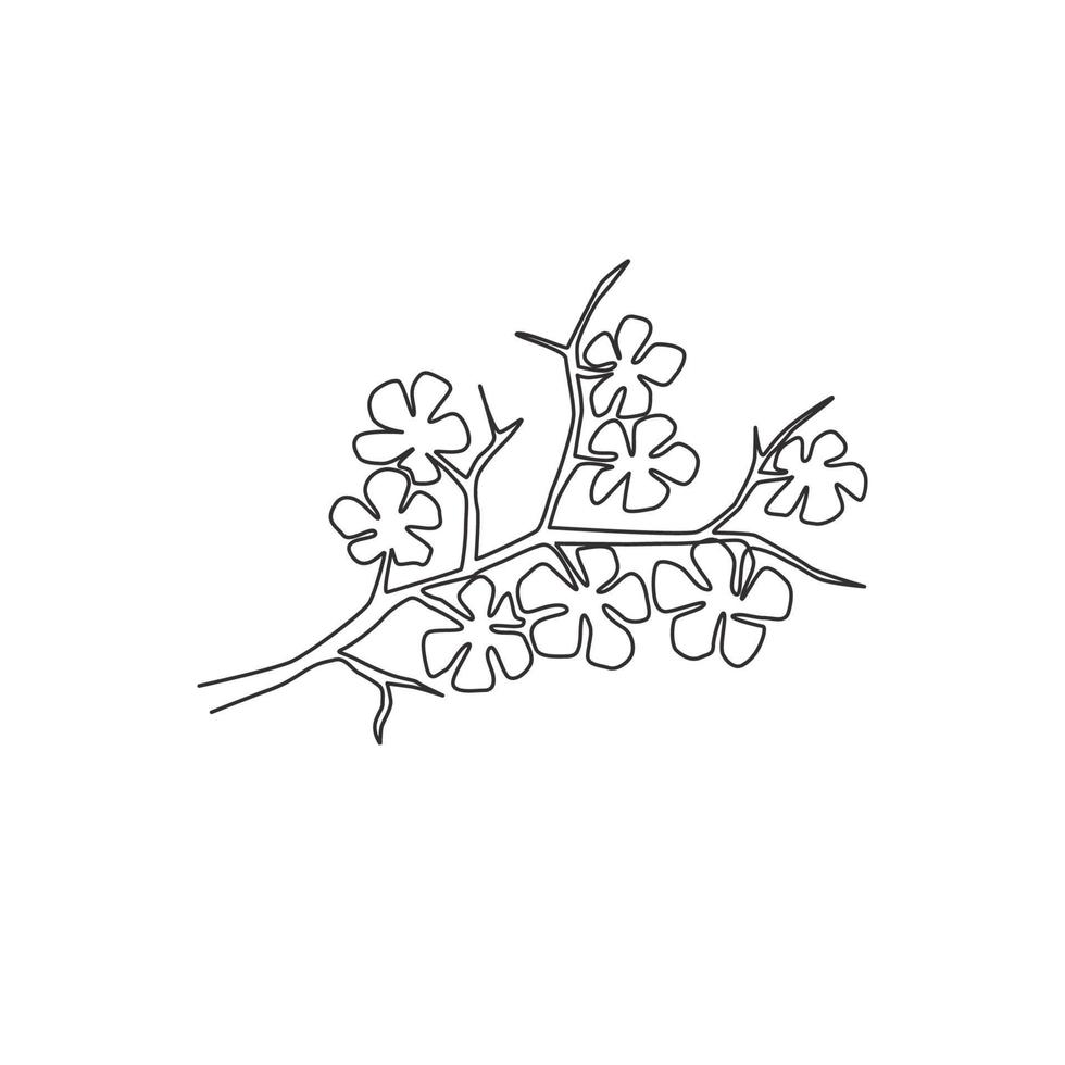 dessin au trait continu unique de la beauté des fleurs de cerisier fraîches pour l'impression d'affiches d'art mural de décoration intérieure. fleur de sakura décorative imprimable pour parc public. Une ligne moderne dessiner illustration vectorielle de conception vecteur