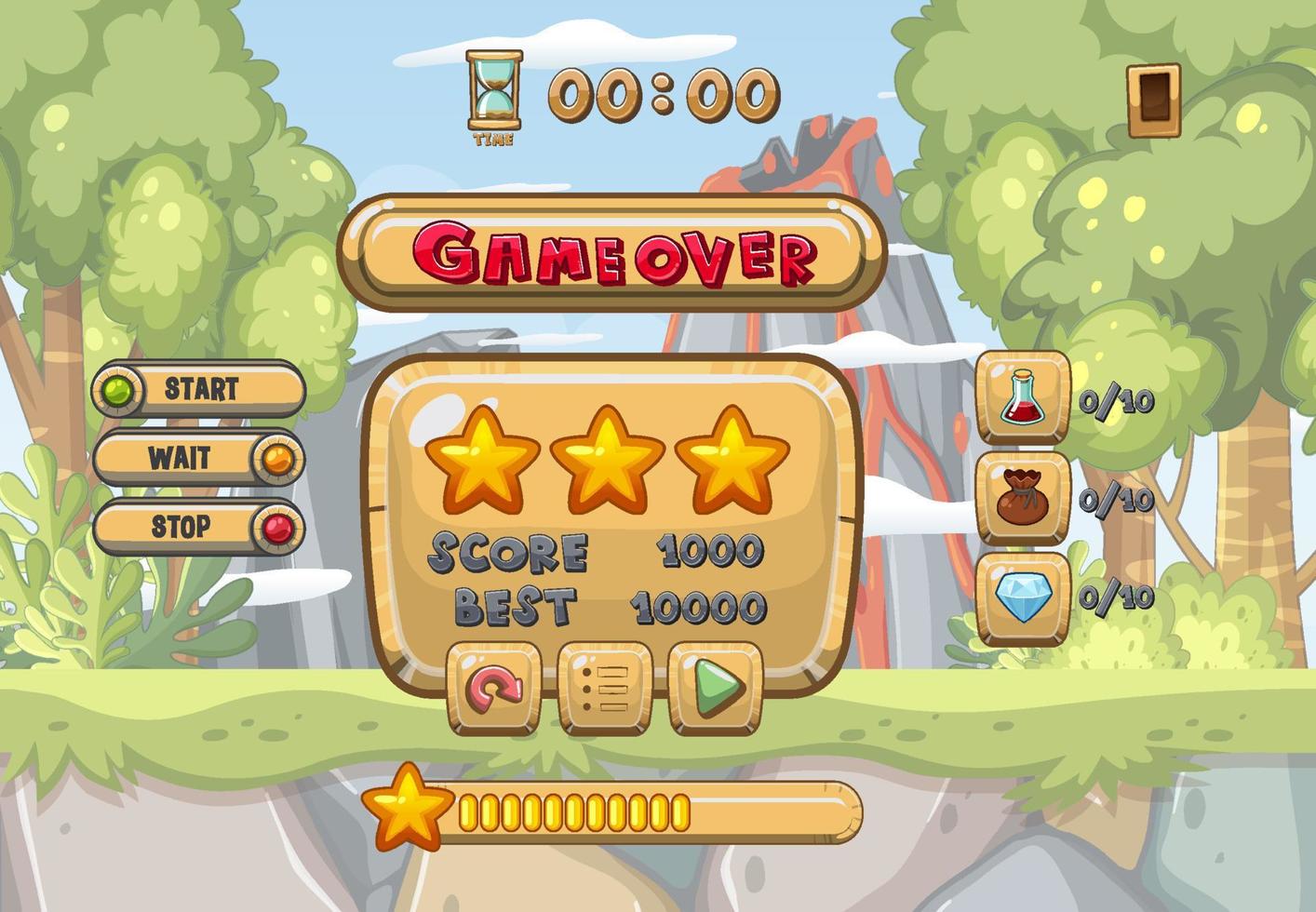 interface utilisateur de jeu avec game over et trois étoiles vecteur