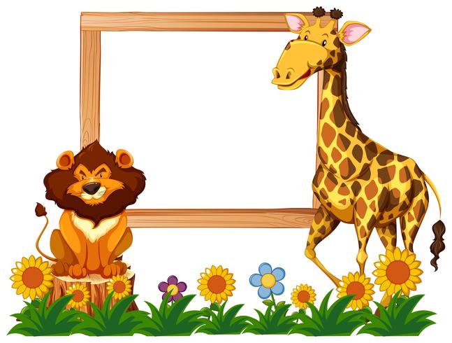 Cadre en bois avec girafe et lion vecteur