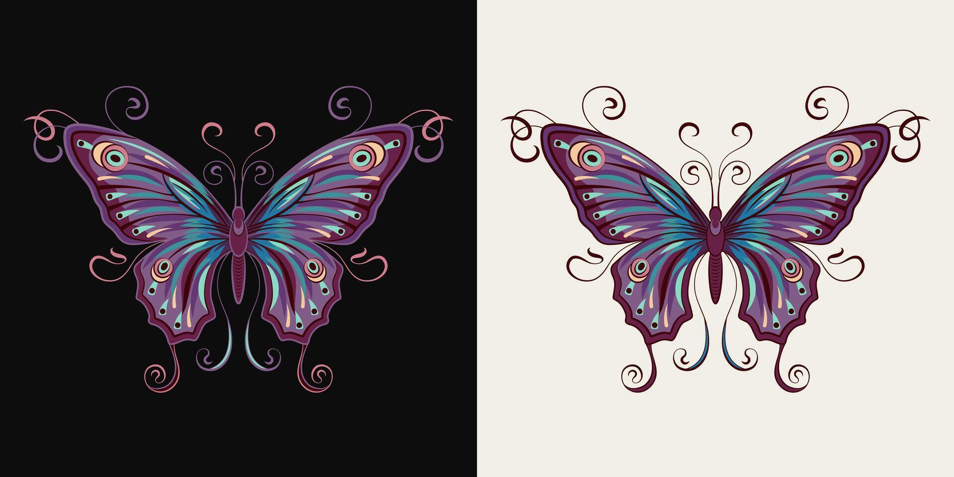 fantaisie coloré papillon avec recourbé les antennes, étiré ailes dans art nouveau style. Célibataire isolé coloré illustration dans ancien style. Haut voir. vecteur