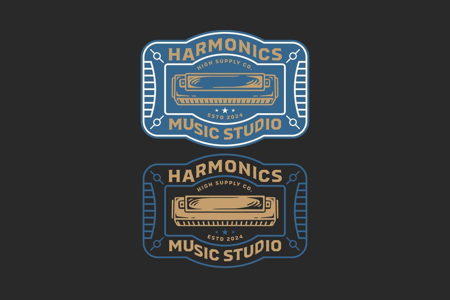 harmonique la musique instrument badge logo pour la musique festival, studio et divertissement vecteur