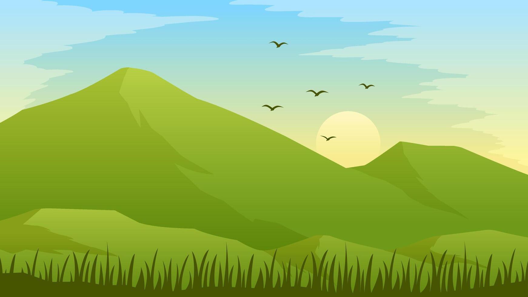 paysage illustration de vert Montagne avec Prairie dans ensoleillé journée vecteur