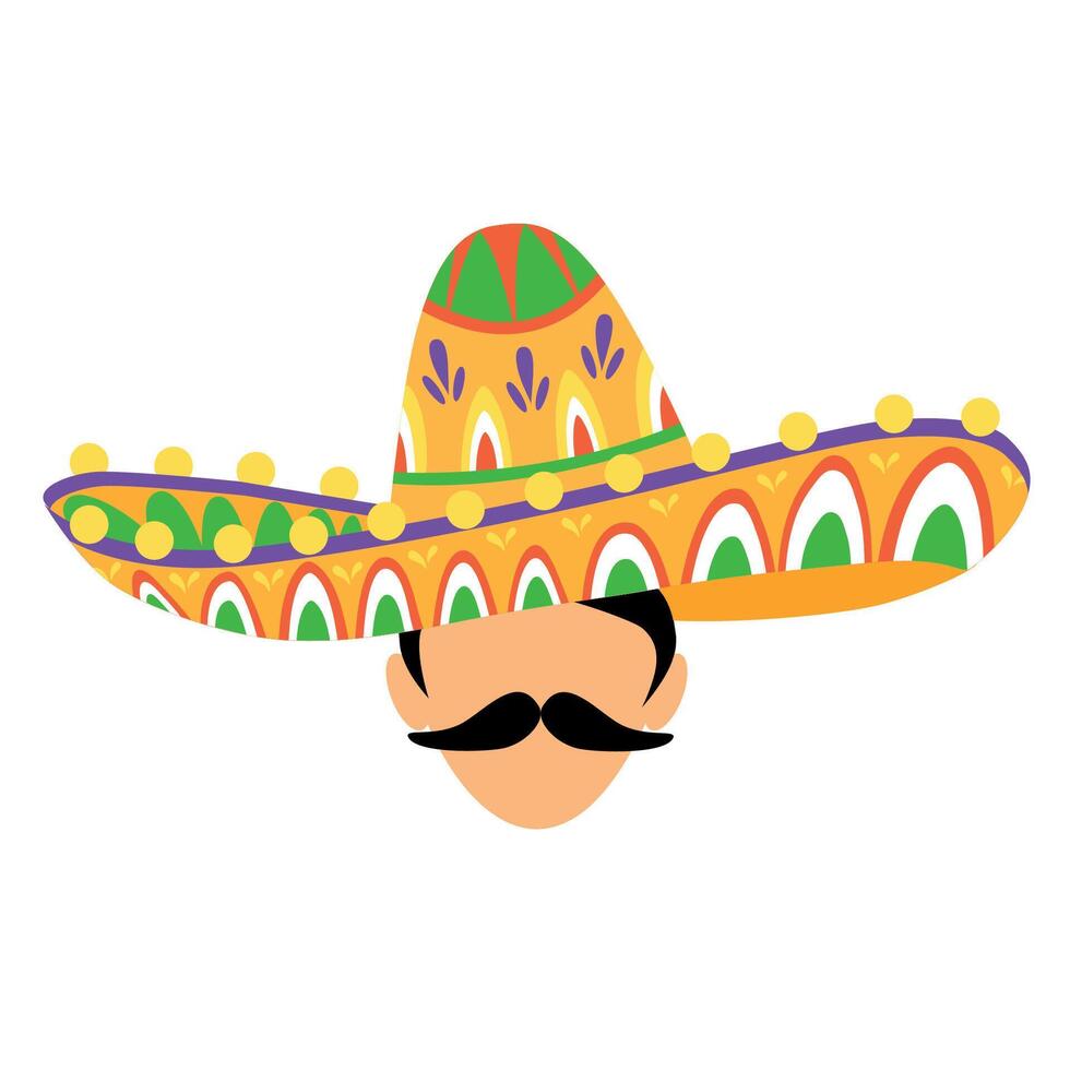 mexicain sombrero chapeau avec une moustachu homme illustration, dans une coloré dessin animé style, représentant mariachi et traditionnel vêtements, Mexique. vecteur