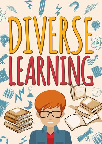 Affiche d’apprentissage diversifiée avec élève et livres vecteur