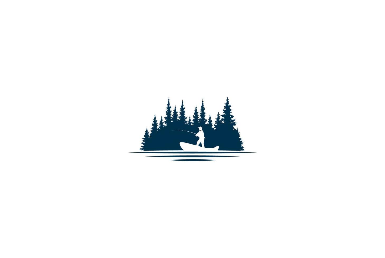 pin cèdre conifère conifère à feuilles persistantes sapin mélèze cyprès pruche tress forêt avec pêcheur homme bateau pêche aventure en plein air conception de logo vecteur