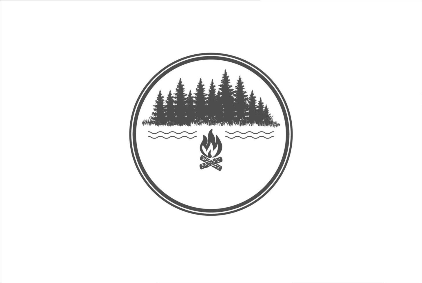 pin cèdre conifère conifère à feuilles persistantes sapin mélèze cyprès pruche tress forêt et rivière lac ruisseau et feu de joie pour camp aventure en plein air vecteur de conception de logo