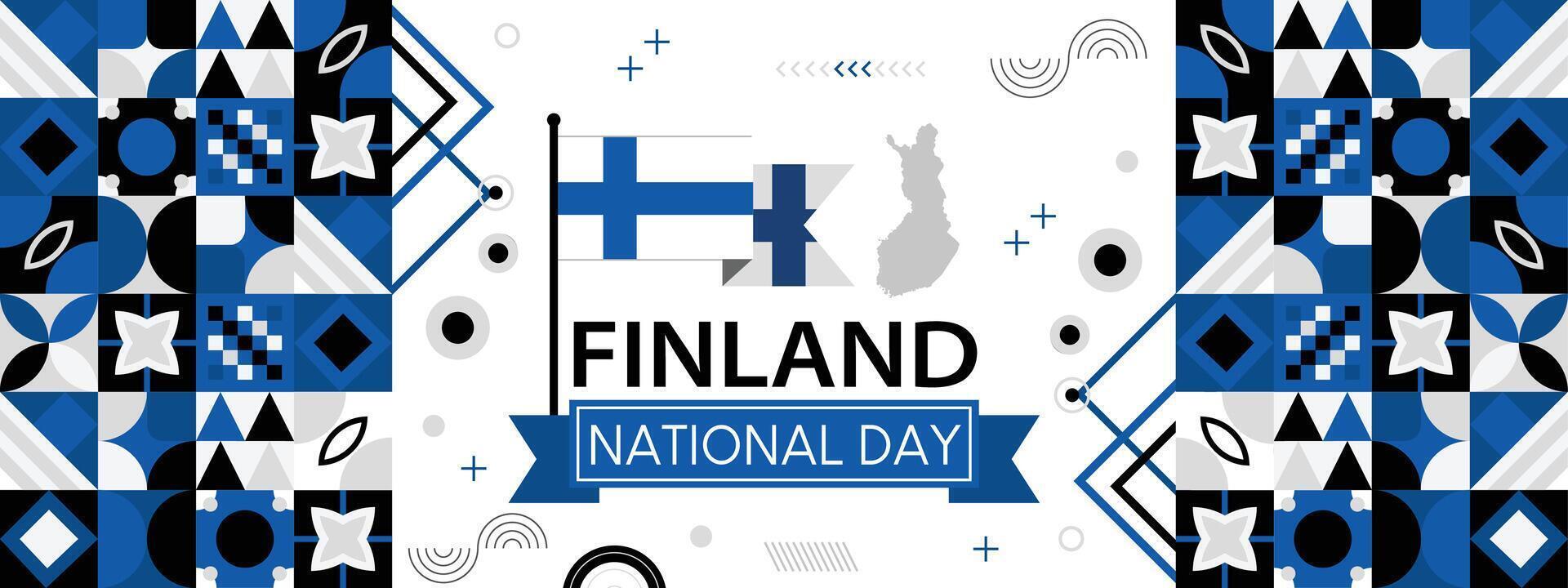 Finlande nationale journée bannière avec carte, drapeau couleurs thème Contexte et géométrique abstrait rétro moderne coloré conception vecteur