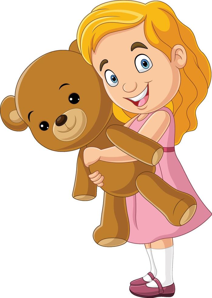 dessin animé petite fille tenant un ours en peluche vecteur