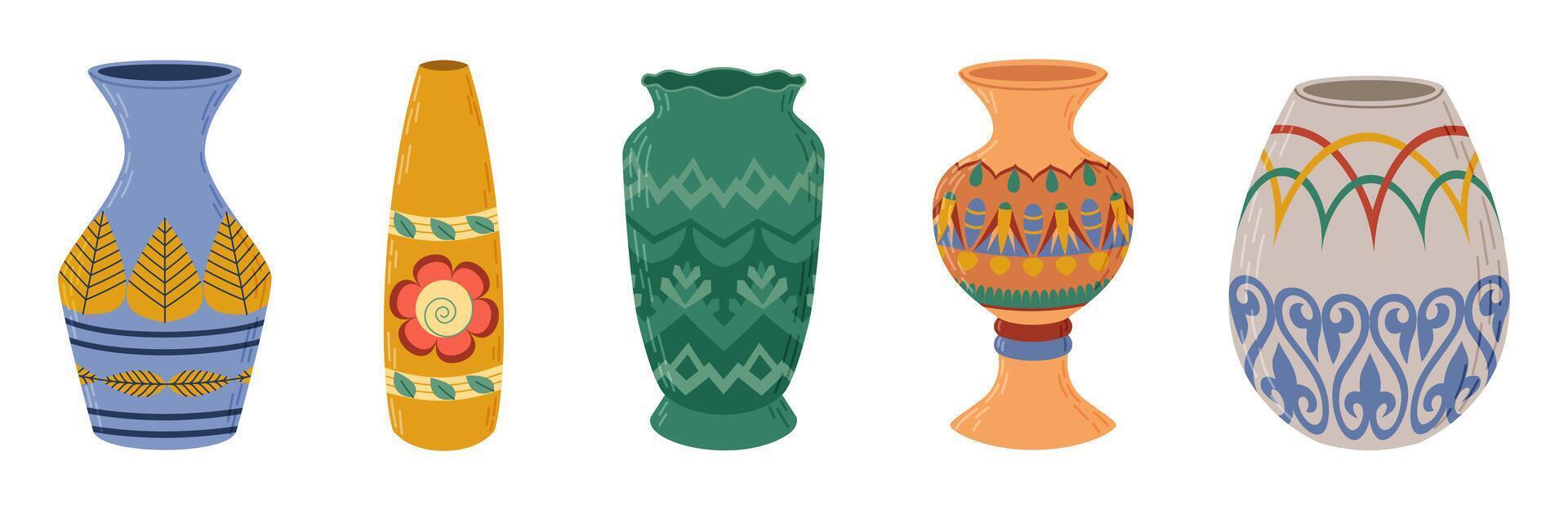 coloré céramique des vases ensemble. porcelaine vase pour fleurs, antique poterie, floral et abstrait motifs. vase poterie pour décoration. branché plat style isolé sur blanc illustration vecteur