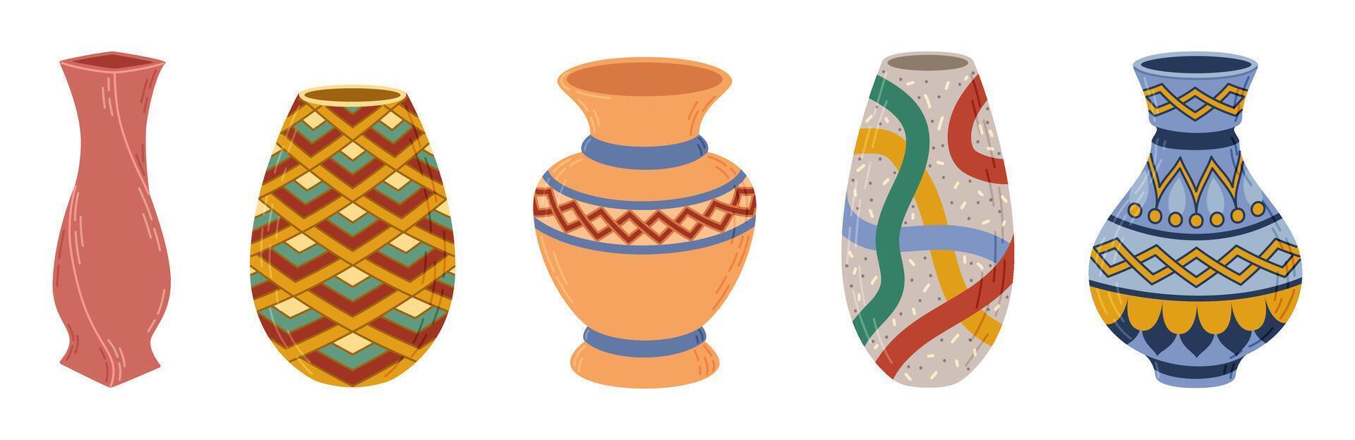 coloré céramique des vases ensemble. porcelaine vase pour fleurs, antique poterie, floral et abstrait motifs. vase poterie pour décoration. branché plat style isolé sur blanc illustration vecteur