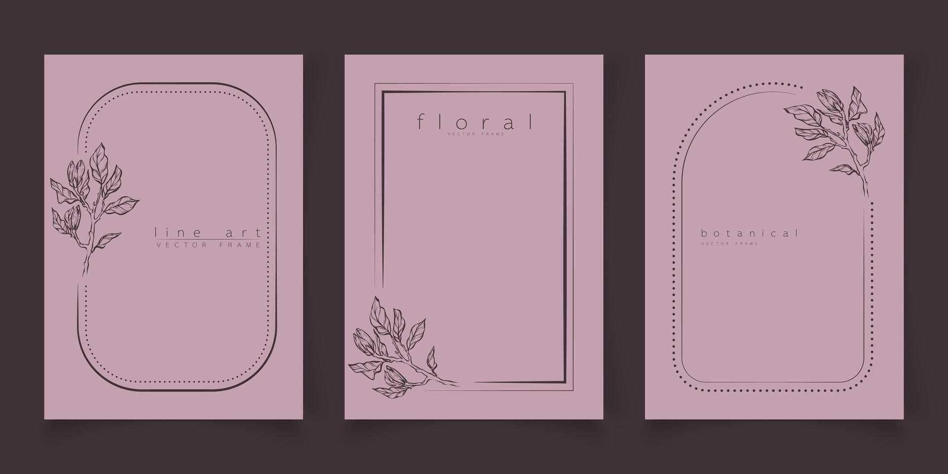 ensemble de Cadre modèles dans minimal linéaire style avec main tiré magnolia fleur. élégant floral ligne art frontière pour pour Étiquettes, mariage invitation, logo enregistrer le date, beauté ou cosmétique industrie. vecteur