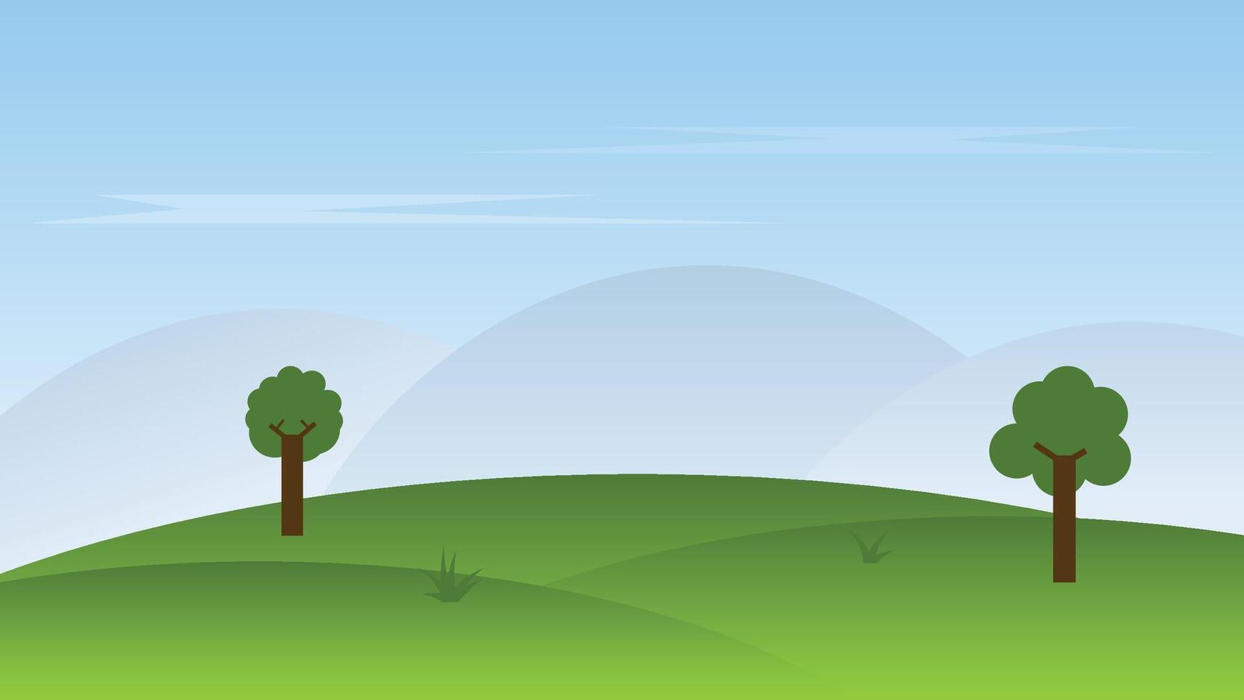 paysage dessin animé scène avec arbre sur collines et Montagne avec bleu ciel vecteur