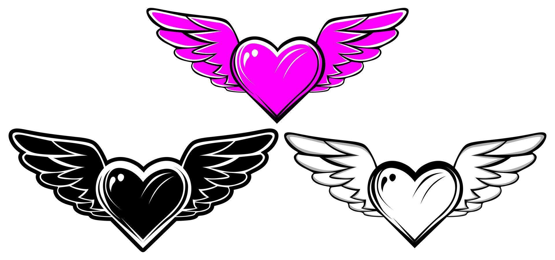 ensemble violet cœur en volant icône. l'amour avec aile logo vecteur